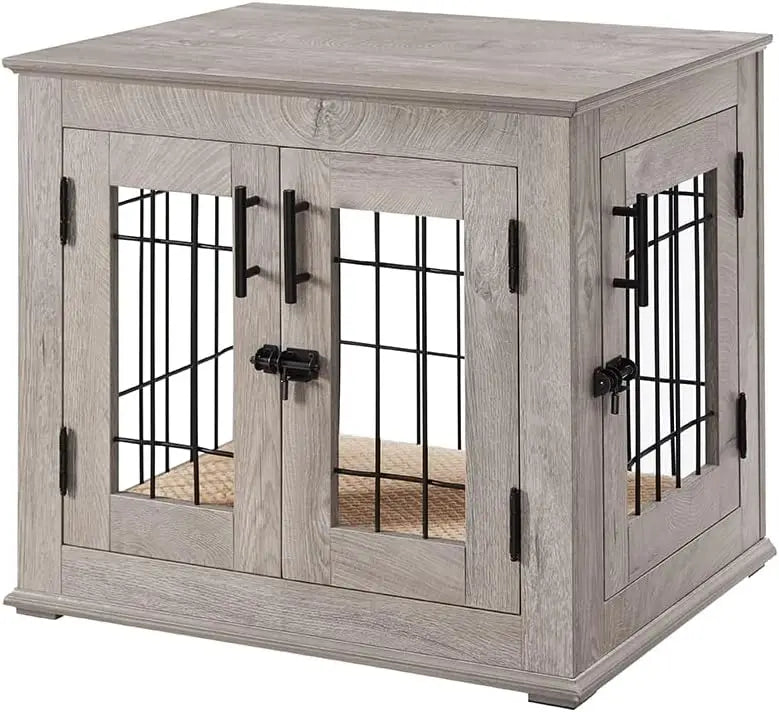 Furniture Style Dog Crate End Table - Double Doors Wooden Wire Dog Kennel with Pet Bed | Decorative Pet Crate Dog House