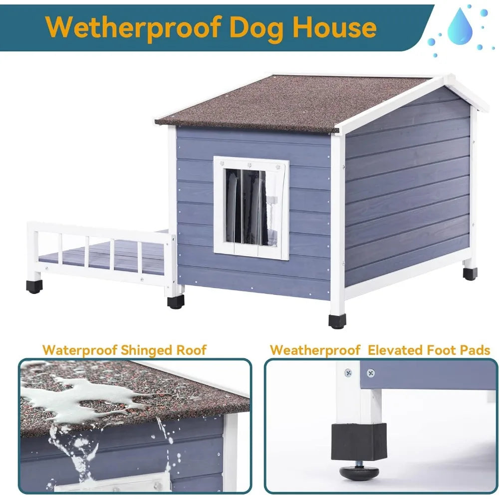 Dog House Outdoor with Terrace&Openable Asphalt Roof, 40" L X 47" W X 28.5" H,Outside Dog House with Elevated Floor,Dog House