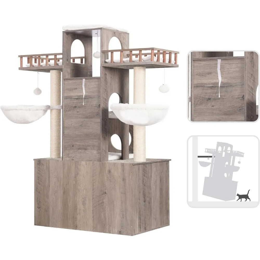 60 inch Cat Tree With Litter Box for Indoor Big Cat Tower for Large S 20 Lbs Heavy Duty Cats Trees Castle Towers Supplies