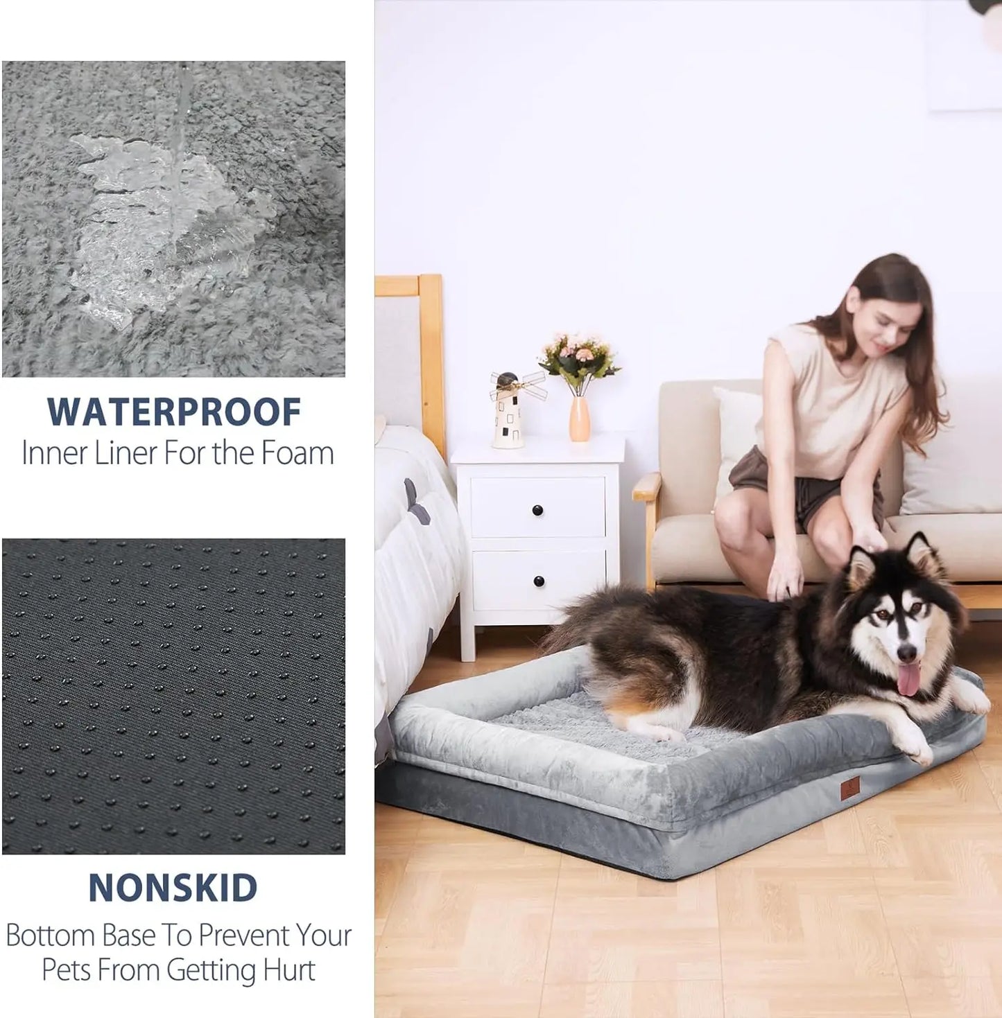 XL Dog Bed, Orthopedic Washable Bed with Removable Cover, Grey Waterproof Extra Large Bed, Beds for Large Sized