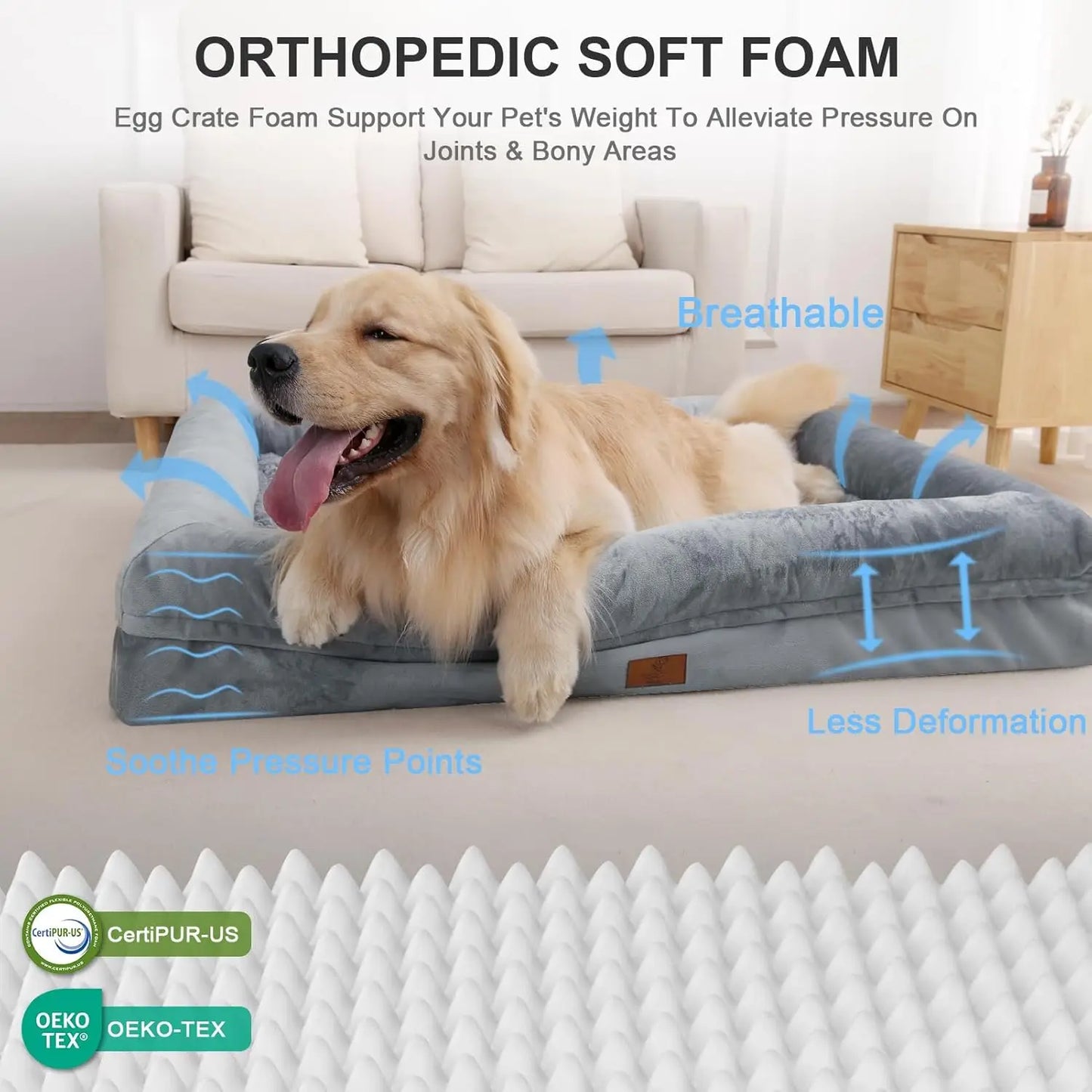 XL Dog Bed, Orthopedic Washable Bed with Removable Cover, Grey Waterproof Extra Large Bed, Beds for Large Sized