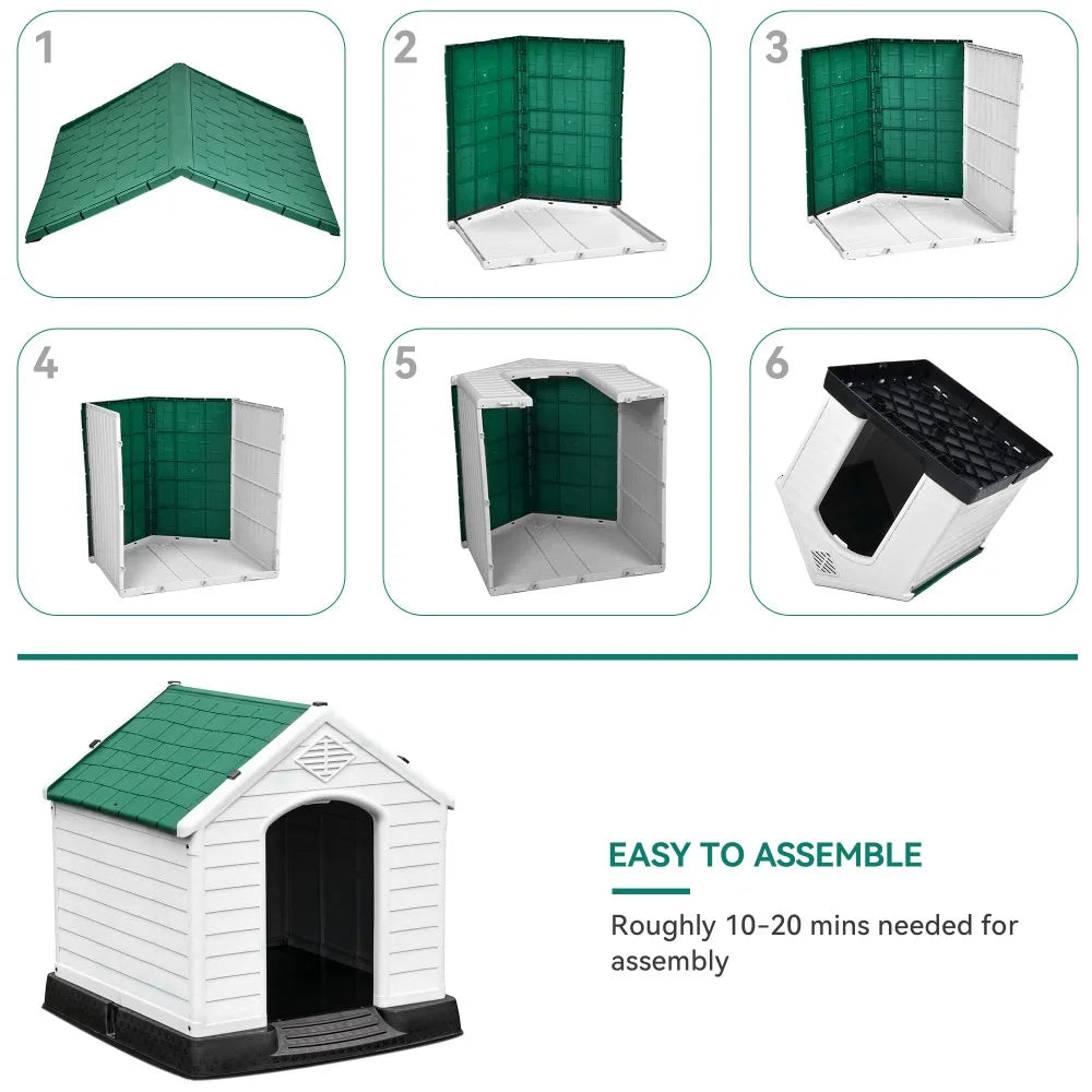 2024 New Large Plastic Dog House Puppy Shelter, Water Resistant Sturdy Dog Kennel with Air Vents and Elevated Floor - Whisker and Waggers