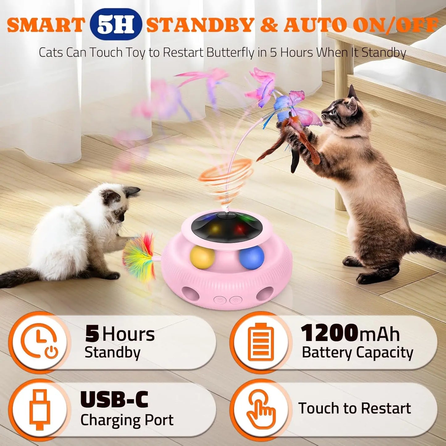 4 in 1 Automatic Cat Toy for Indoor , Electric Kitten Toy with Rechargeable Battery, Self Play Kitty Toy W/ Fluttering Butterfly