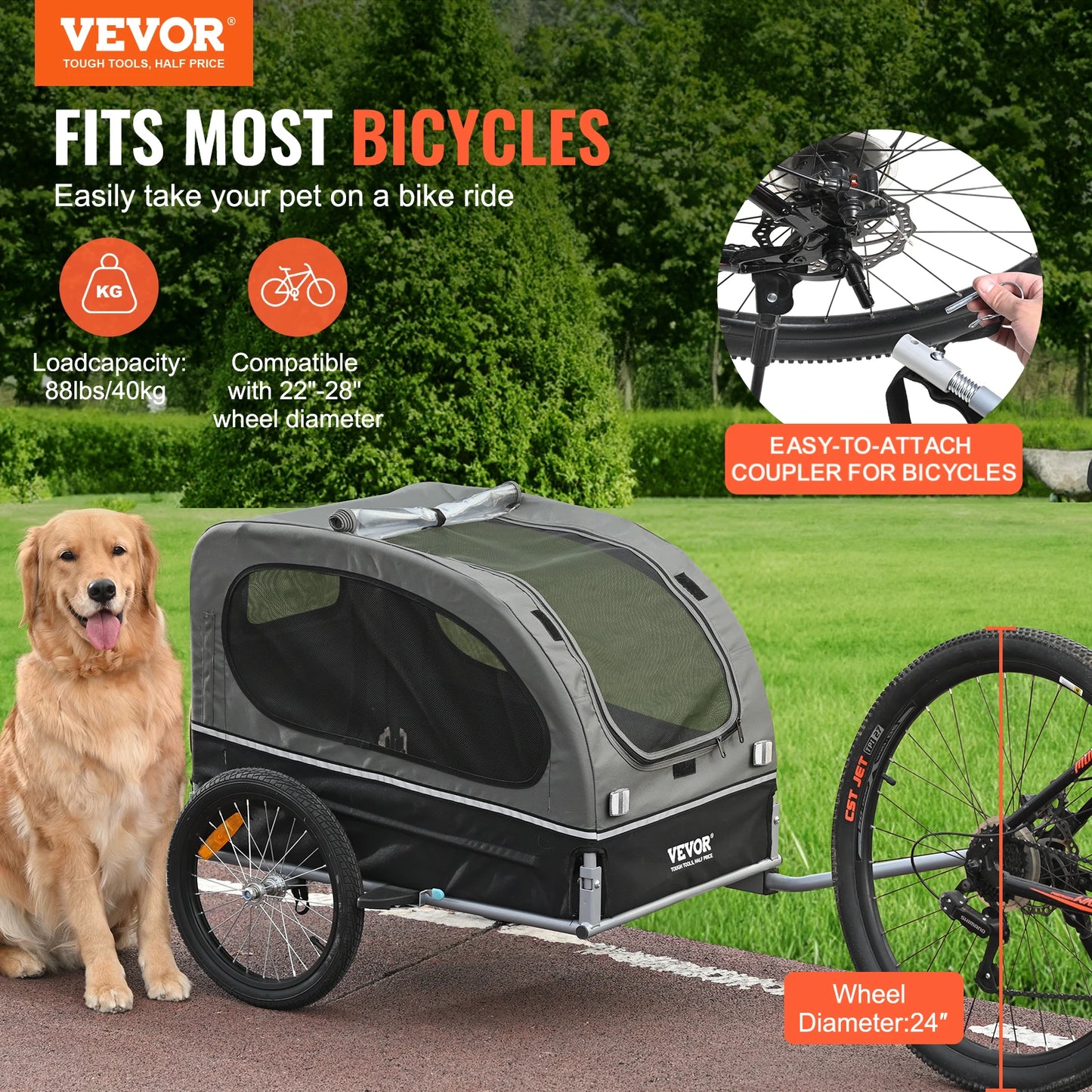VEVOR 88 lbs Dog Bike Trailer Pet Cart Bicycle Carrier with Wheels, Coupler, Reflectors, Flag, Collapsible to Store