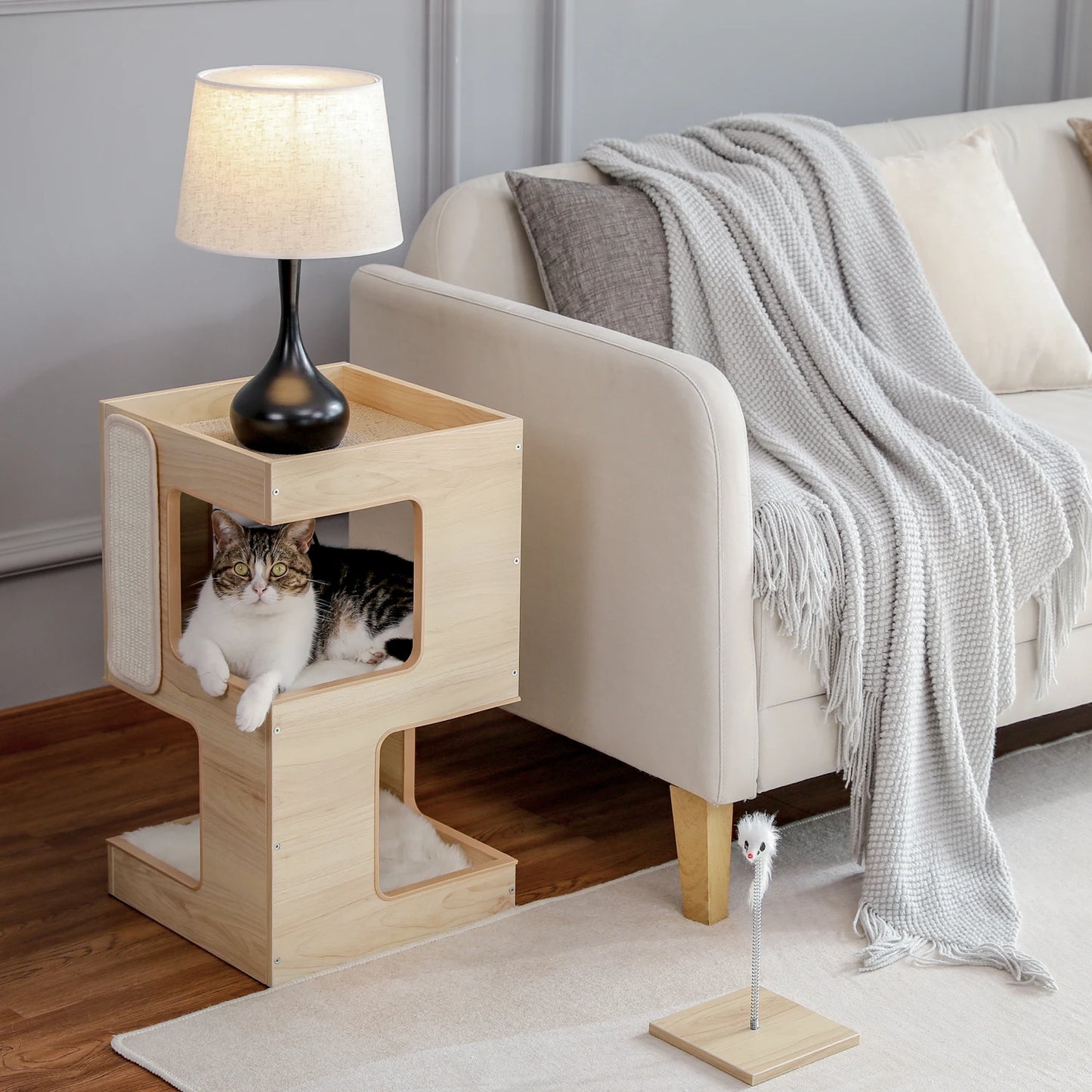 Modern Cat Tree with Scratcher Board Furniture Bed 3 Levels Spacious Top Scratching Pad Stand House Removable Soft Cushion