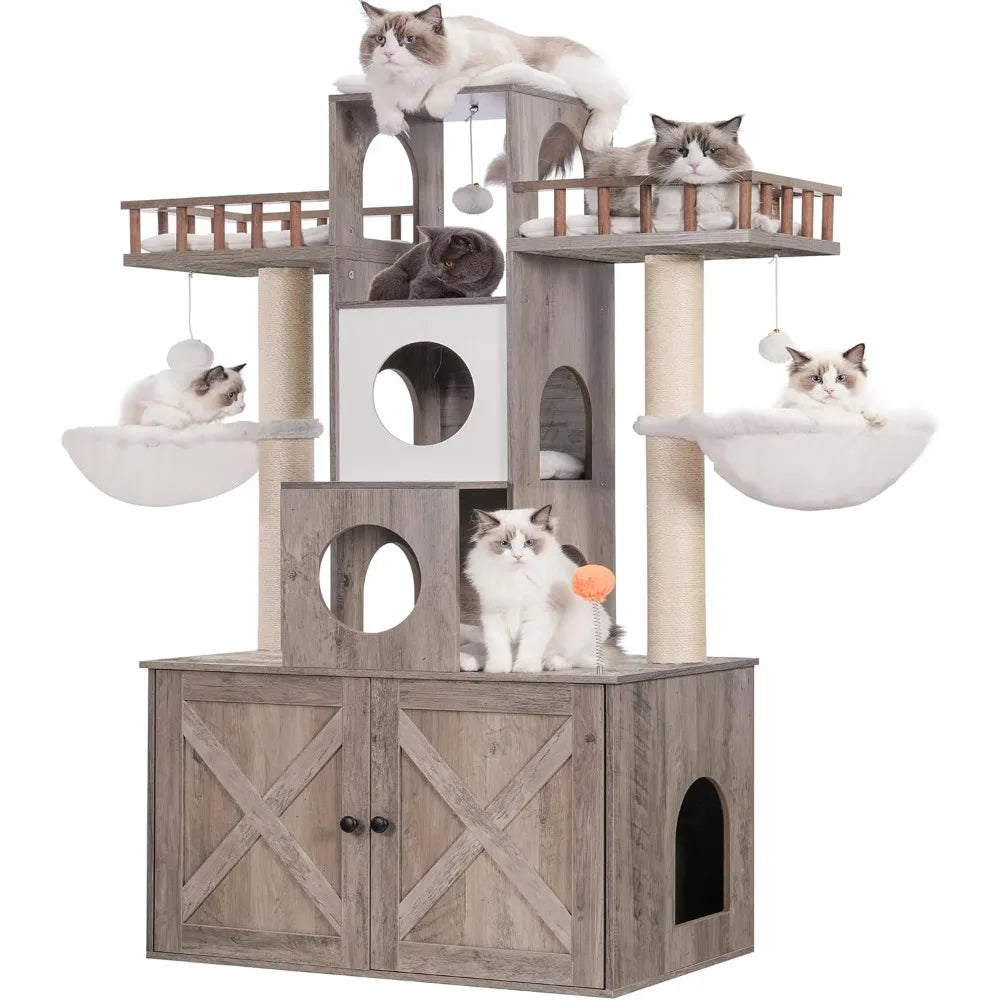 60 inch Cat Tree With Litter Box for Indoor Big Cat Tower for Large S 20 Lbs Heavy Duty Cats Trees Castle Towers Supplies