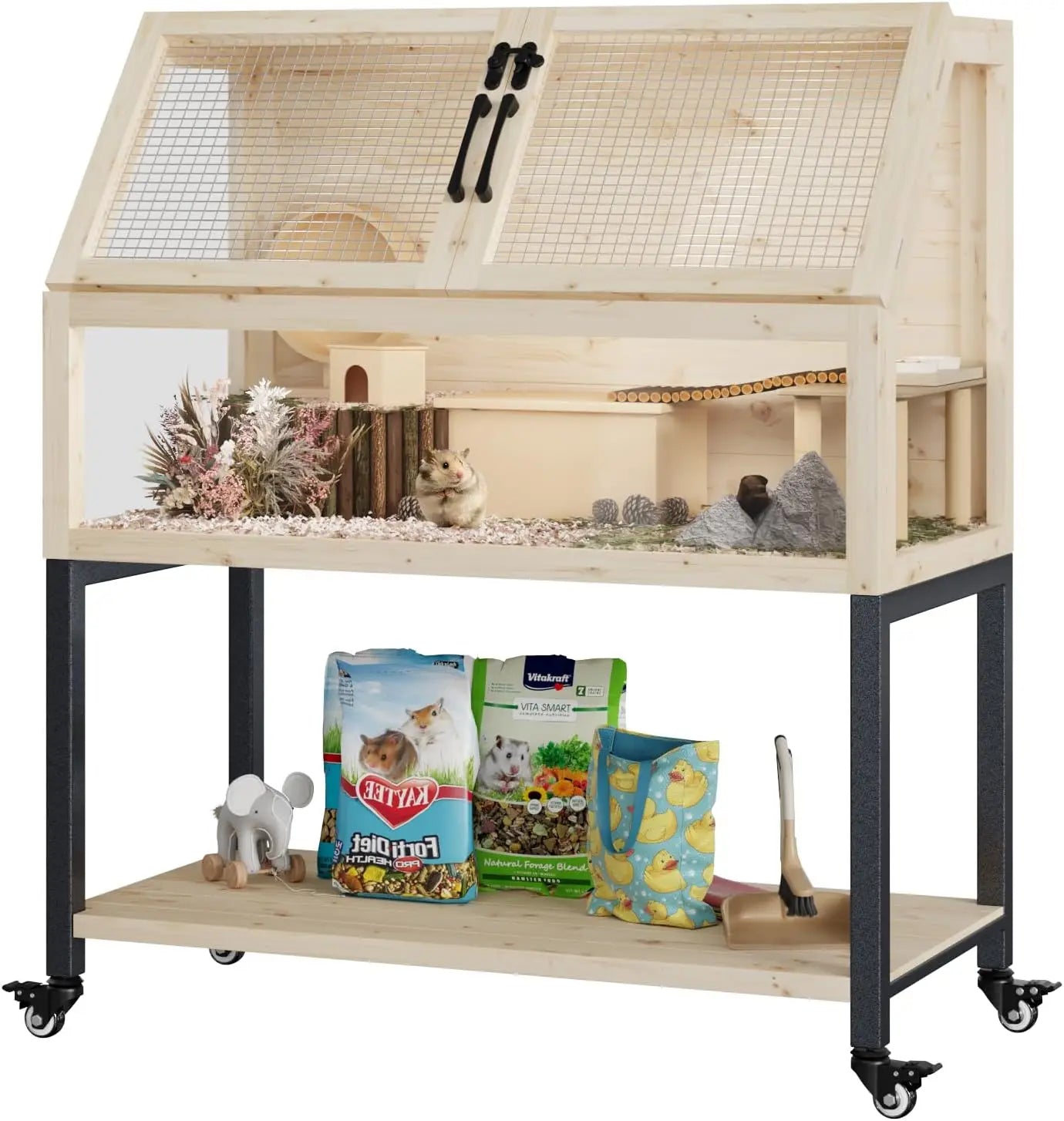 Wooden Hamster Cage with Storage Shelf, Small Animal Cage for Guinea Pig,Rat,Hedgehog,Chinchilla,Large Transparent Gerbil