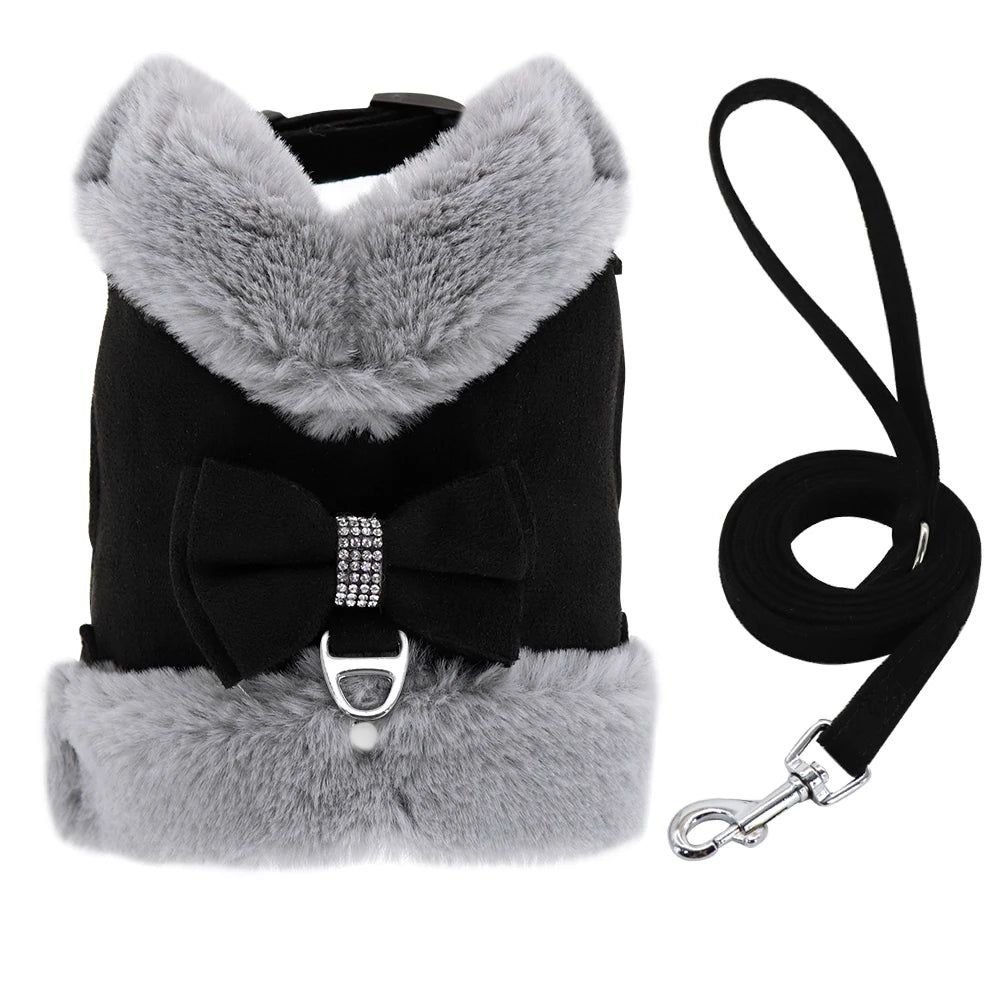 Warm Fur Dog Harness and Leash Set Rhinestone Bowknot Vest Winter Pets Clothes Vest Small Dog