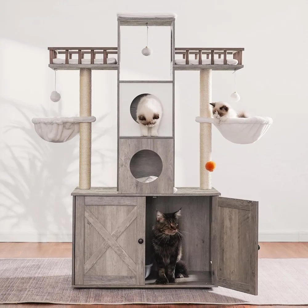 60 inch Cat Tree With Litter Box for Indoor Big Cat Tower for Large S 20 Lbs Heavy Duty Cats Trees Castle Towers Supplies
