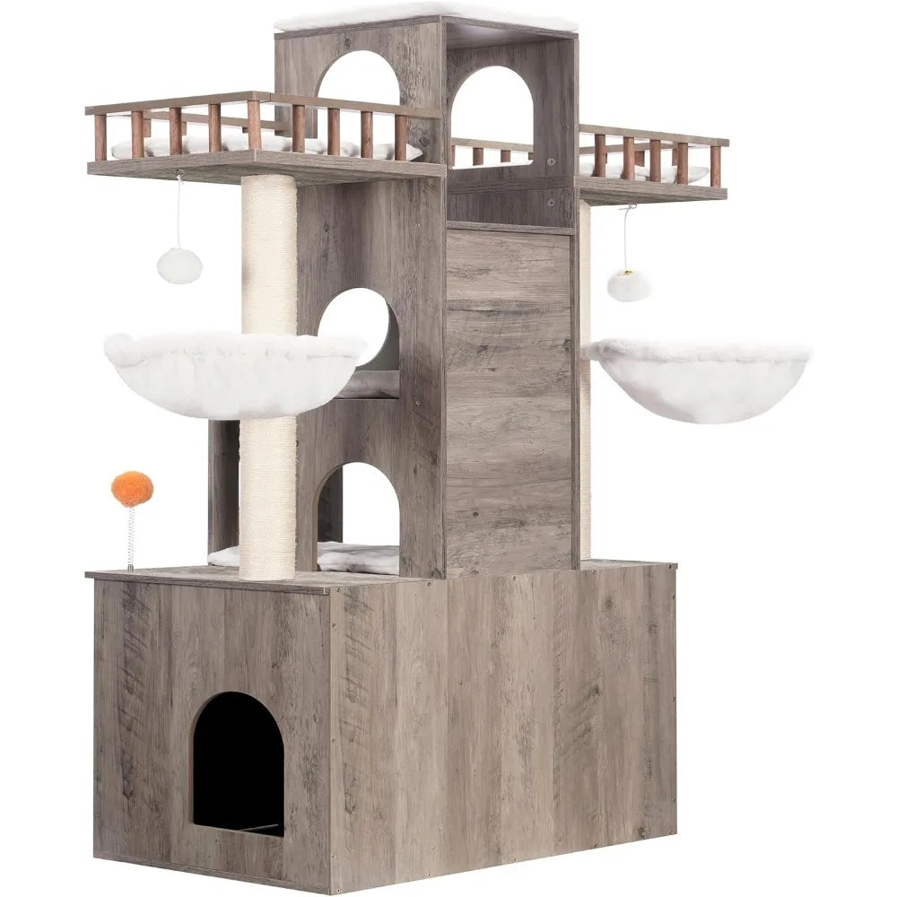 60 inch Cat Tree With Litter Box for Indoor Big Cat Tower for Large S 20 Lbs Heavy Duty Cats Trees Castle Towers Supplies