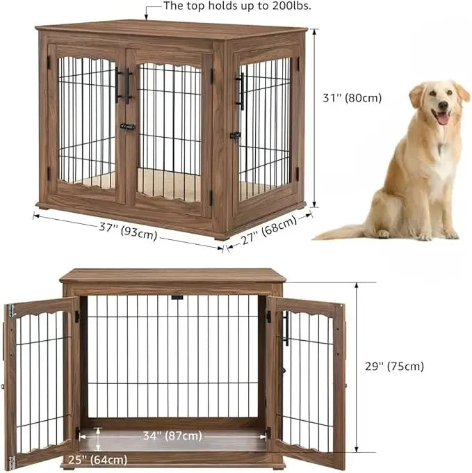 Dog Crate End Table, Double Doors Wooden Wire Dog Kennel with Pet Bed, Decorative Pet Crate Dog House Indoor Medium Large