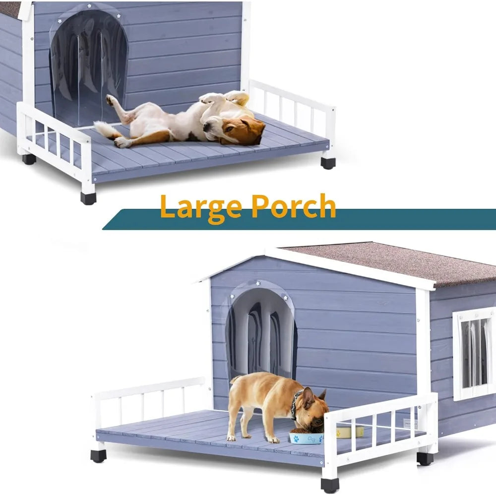 Dog House Outdoor with Terrace&Openable Asphalt Roof, 40" L X 47" W X 28.5" H,Outside Dog House with Elevated Floor,Dog House