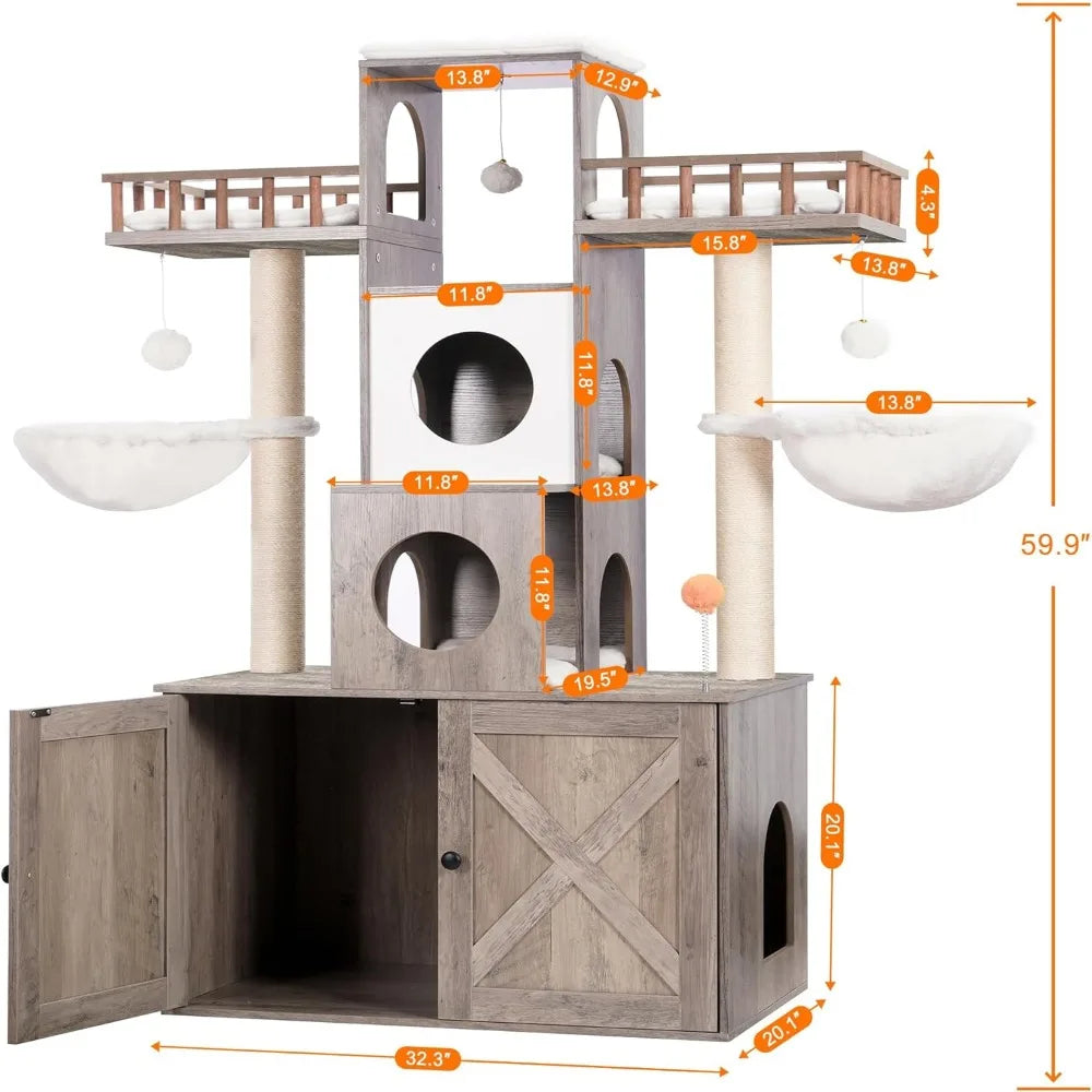 60 inch Cat Tree With Litter Box for Indoor Big Cat Tower for Large S 20 Lbs Heavy Duty Cats Trees Castle Towers Supplies