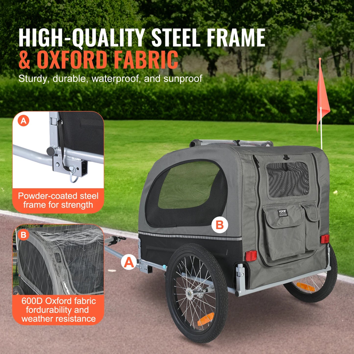 VEVOR 88 lbs Dog Bike Trailer Pet Cart Bicycle Carrier with Wheels, Coupler, Reflectors, Flag, Collapsible to Store