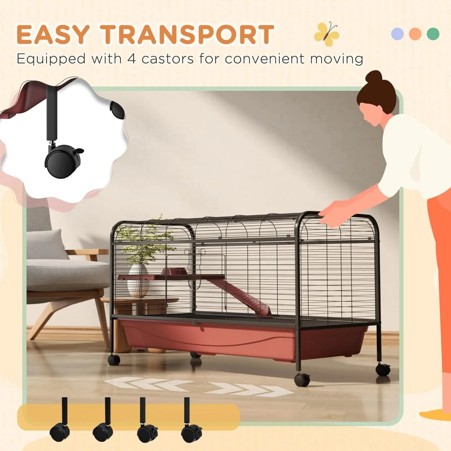 US 48" L Small Animal Cage Rabbit Ferret Pet Play House with Feeder, Rolling Wheels, Platform, Ramp