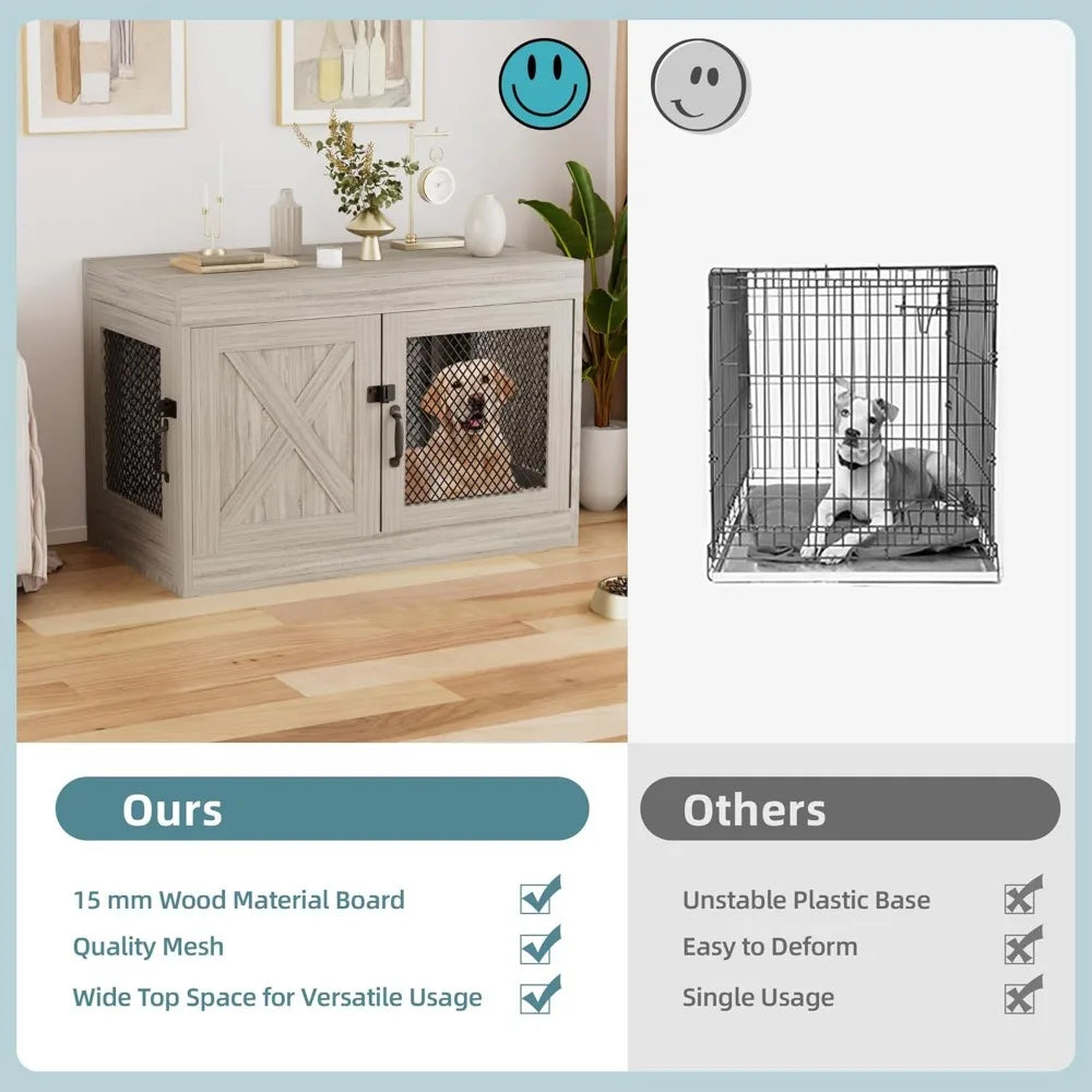 Corner Dog Crate Furniture with Double Doors, 36 Inch Wooden Dog Kennel End Table Indoor with Mesh, Cage/House for Small Medium