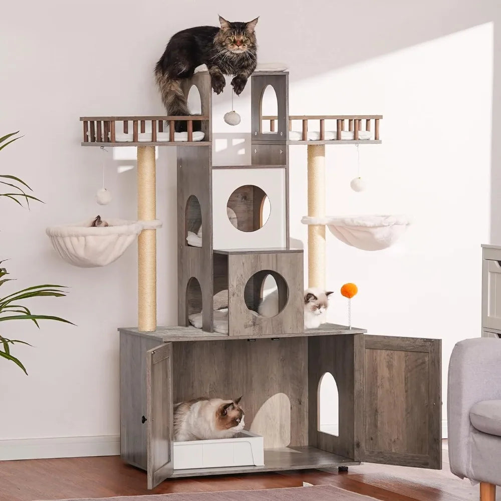 60 inch Cat Tree With Litter Box for Indoor Big Cat Tower for Large S 20 Lbs Heavy Duty Cats Trees Castle Towers Supplies