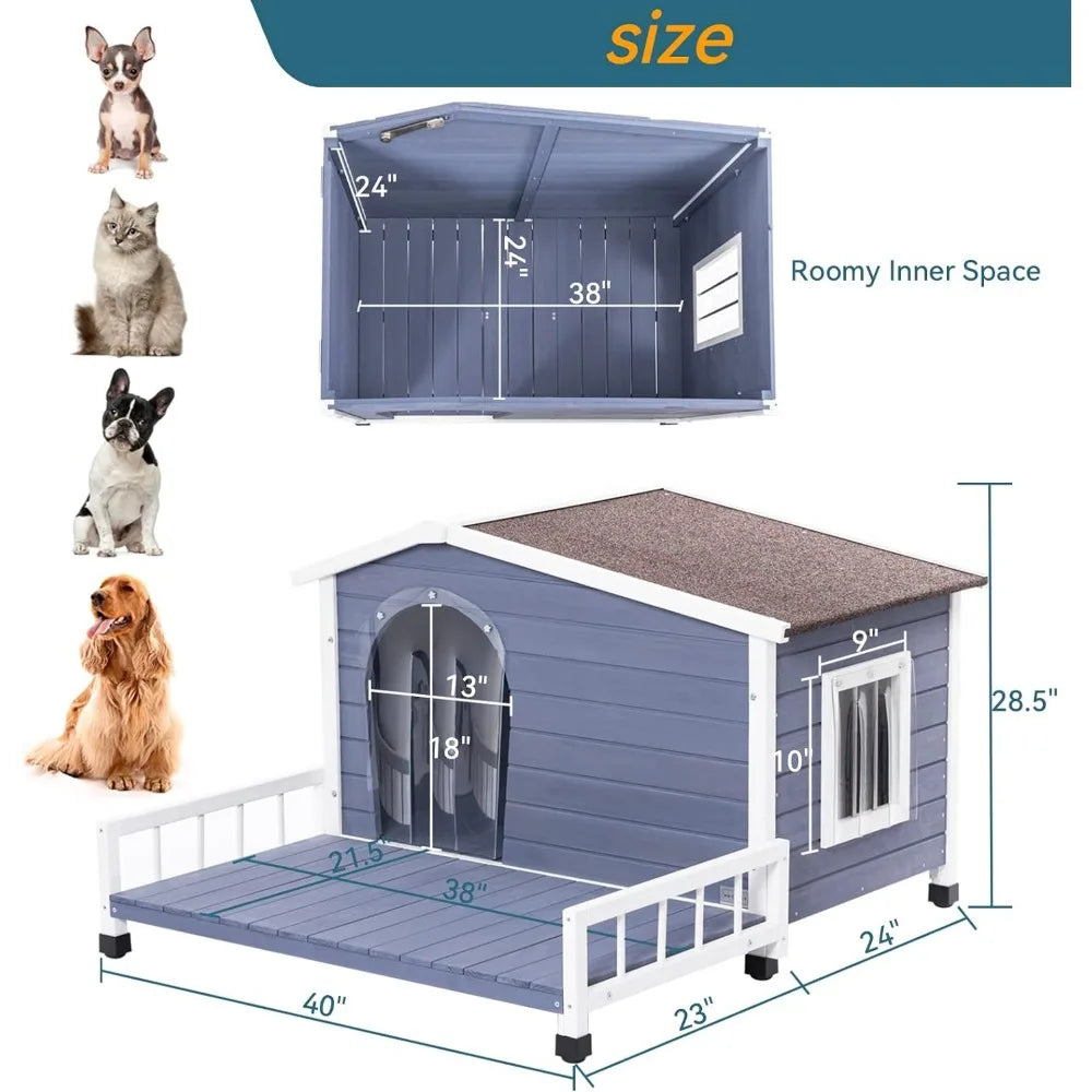 Dog House Outdoor with Terrace&Openable Asphalt Roof, 40" L X 47" W X 28.5" H,Outside Dog House with Elevated Floor,Dog House