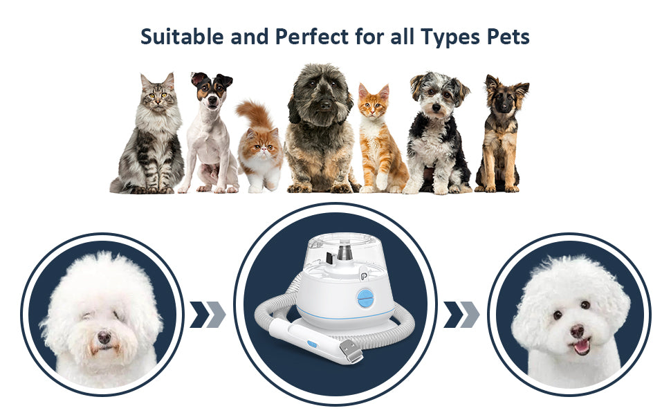 Pet Grooming Vacuum Use Conical 360-degree Air Intake Metal Mesh Design, Low Noise Pet Hair Vacuum with 5 Pet Grooming Tools