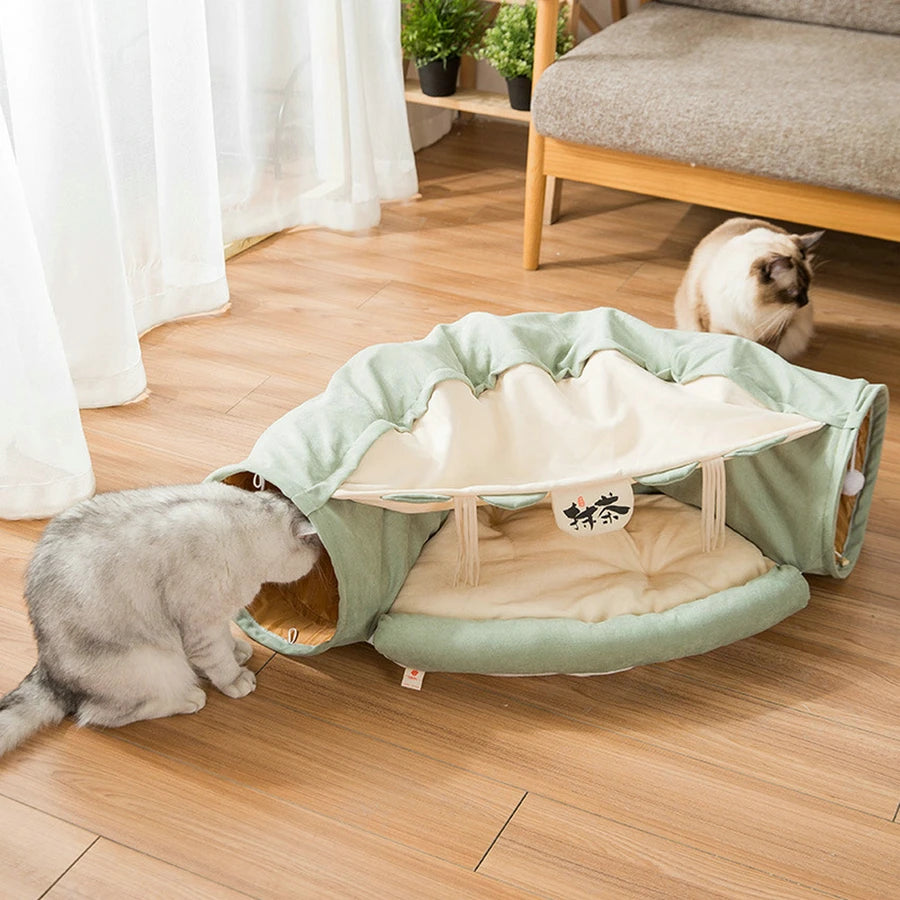 Cat Tunnel Bed With Mat Collapsible 2 Way Tube Interactive Play Toys Cat Hideout House For Cat Puppy Kitten