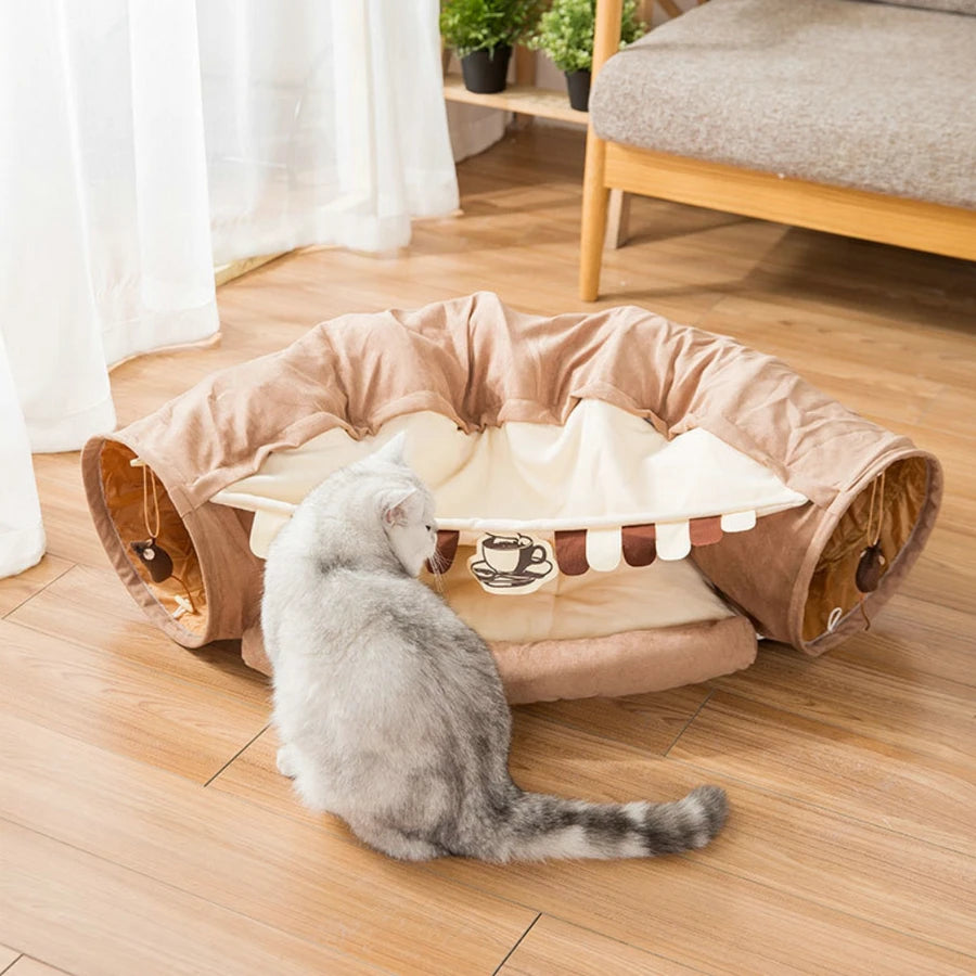 Cat Tunnel Bed With Mat Collapsible 2 Way Tube Interactive Play Toys Cat Hideout House For Cat Puppy Kitten