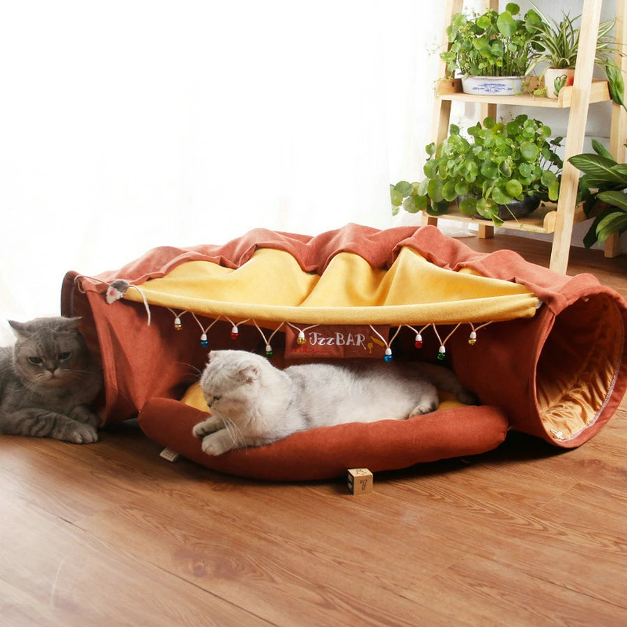 Cat Tunnel Bed With Mat Collapsible 2 Way Tube Interactive Play Toys Cat Hideout House For Cat Puppy Kitten