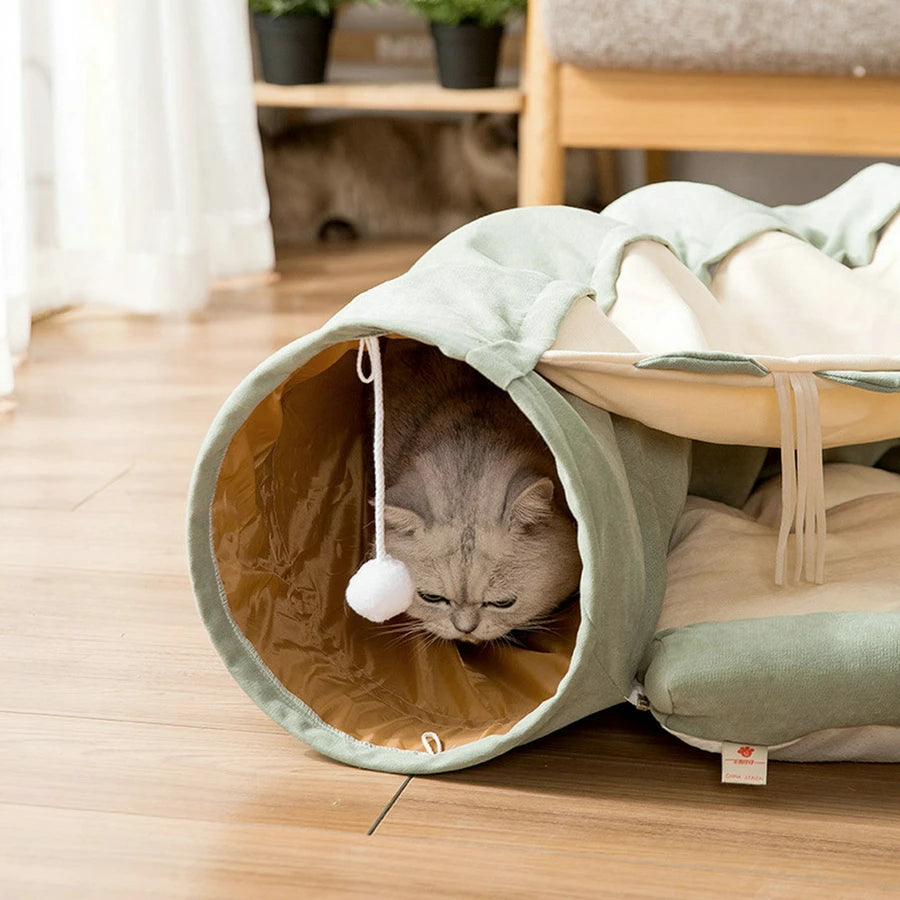 Cat Tunnel Bed With Mat Collapsible 2 Way Tube Interactive Play Toys Cat Hideout House For Cat Puppy Kitten