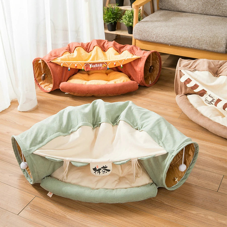 Cat Tunnel Bed With Mat Collapsible 2 Way Tube Interactive Play Toys Cat Hideout House For Cat Puppy Kitten