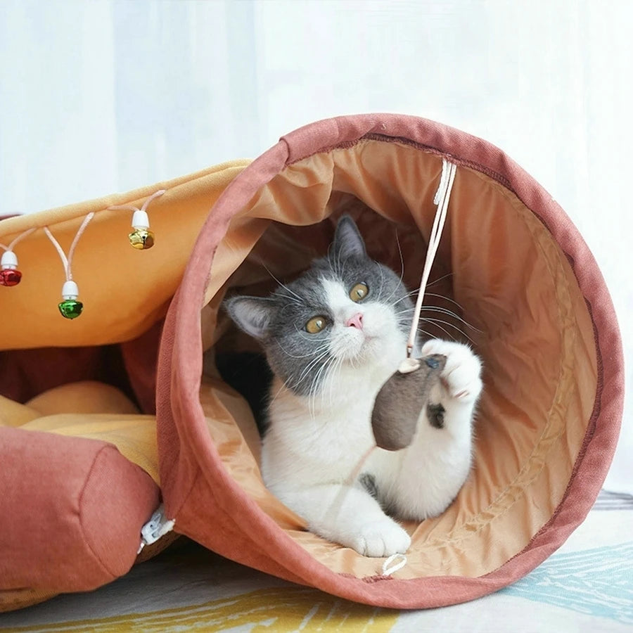 Cat Tunnel Bed With Mat Collapsible 2 Way Tube Interactive Play Toys Cat Hideout House For Cat Puppy Kitten