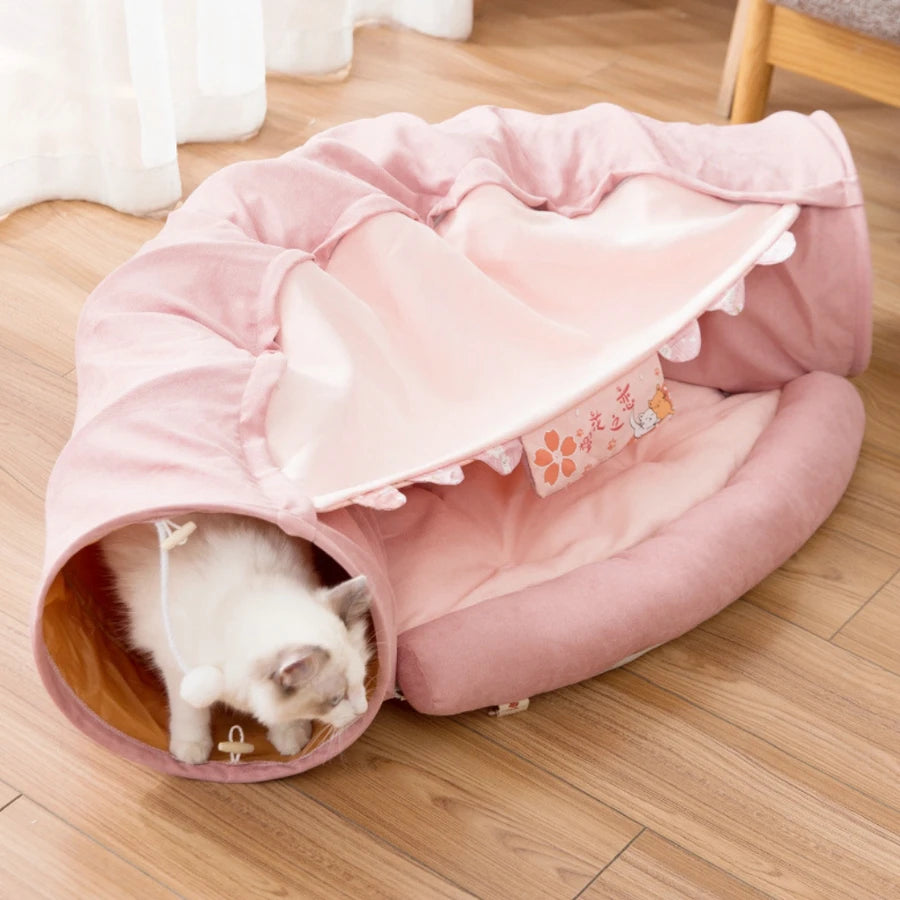 Cat Tunnel Bed With Mat Collapsible 2 Way Tube Interactive Play Toys Cat Hideout House For Cat Puppy Kitten