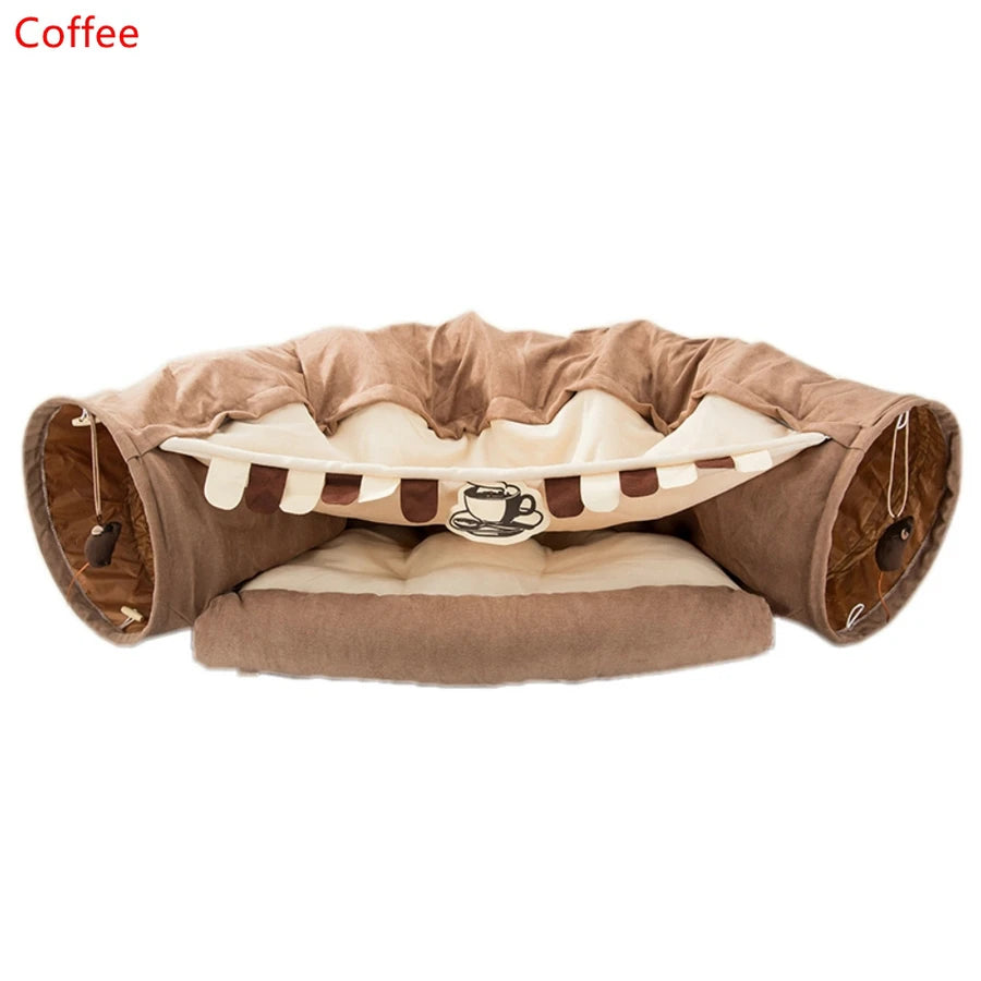 Cat Tunnel Bed With Mat Collapsible 2 Way Tube Interactive Play Toys Cat Hideout House For Cat Puppy Kitten