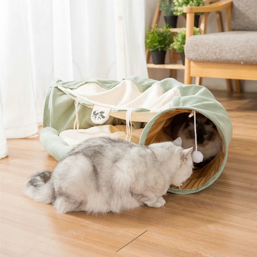 Cat Tunnel Bed With Mat Collapsible 2 Way Tube Interactive Play Toys Cat Hideout House For Cat Puppy Kitten