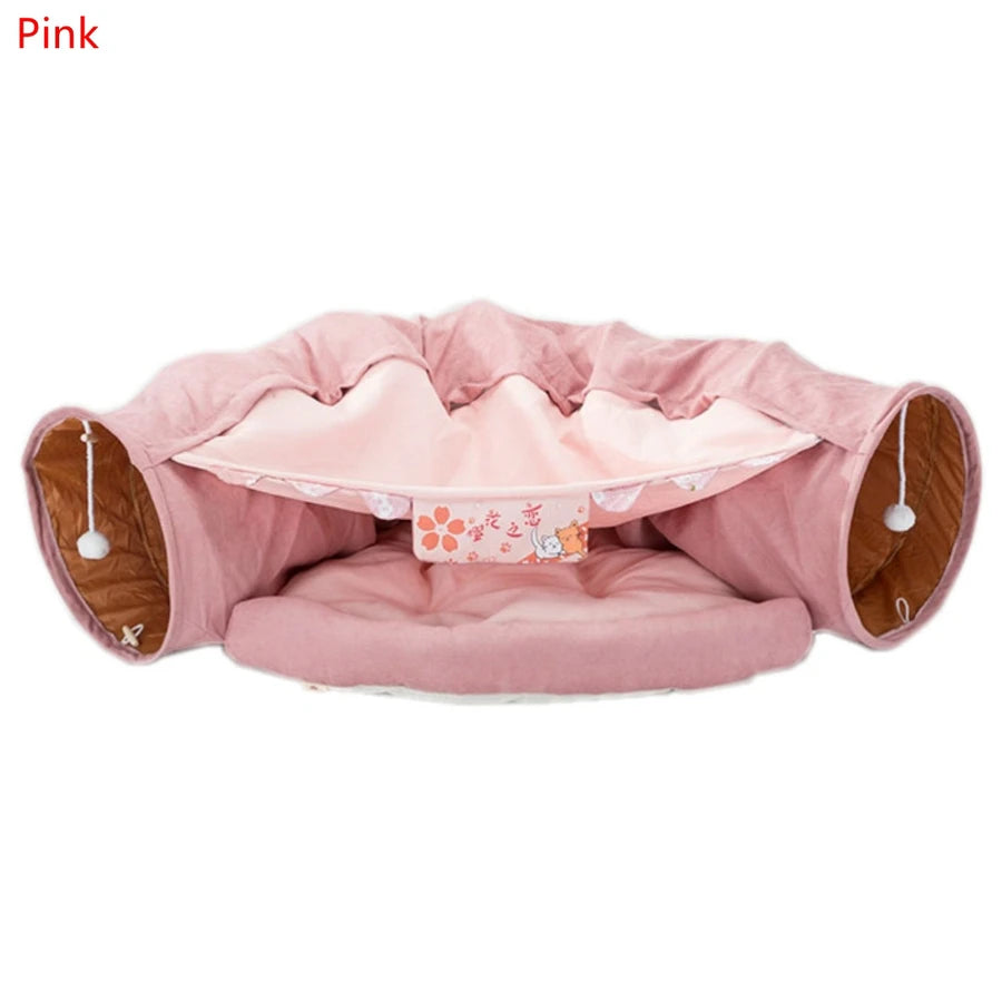 Cat Tunnel Bed With Mat Collapsible 2 Way Tube Interactive Play Toys Cat Hideout House For Cat Puppy Kitten