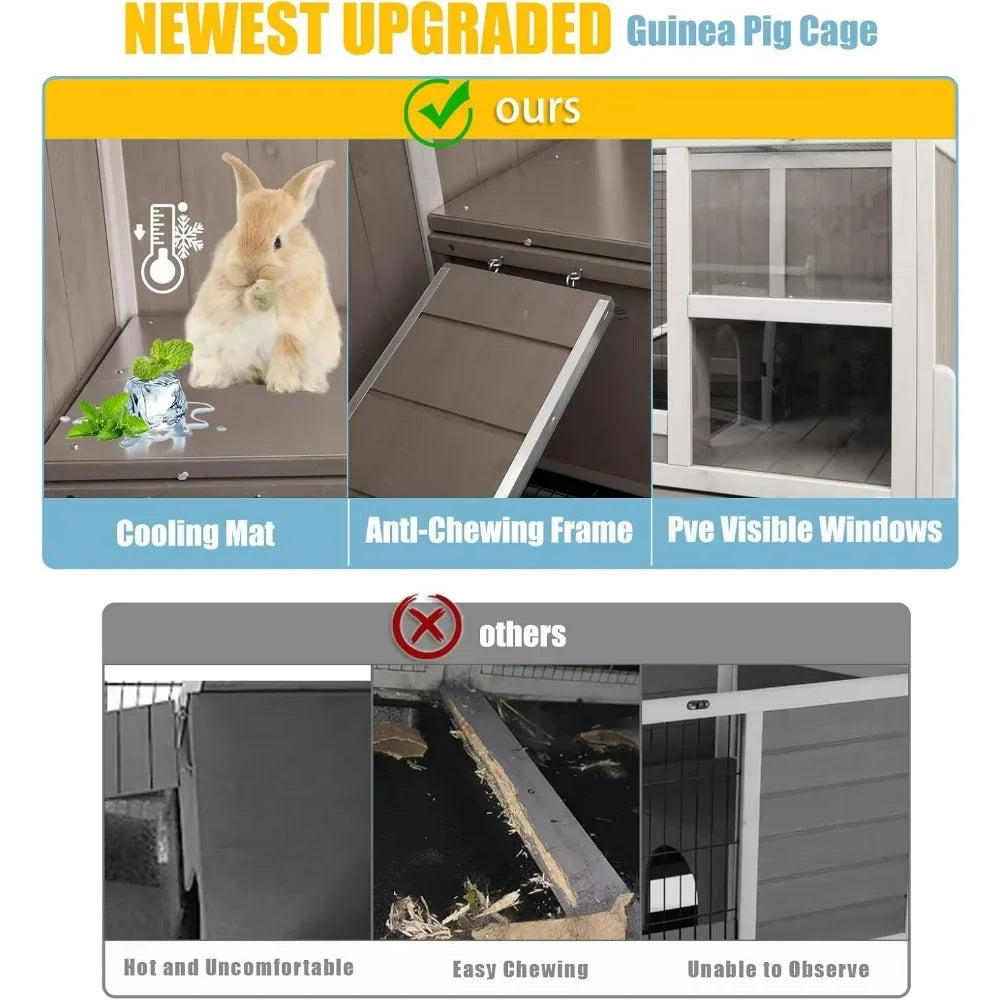 Wooden Guinea Pig Cages with Stand, Rabbit Cage Hutch with Ramp and Hideout, with Not Leakage Pull Out Tray