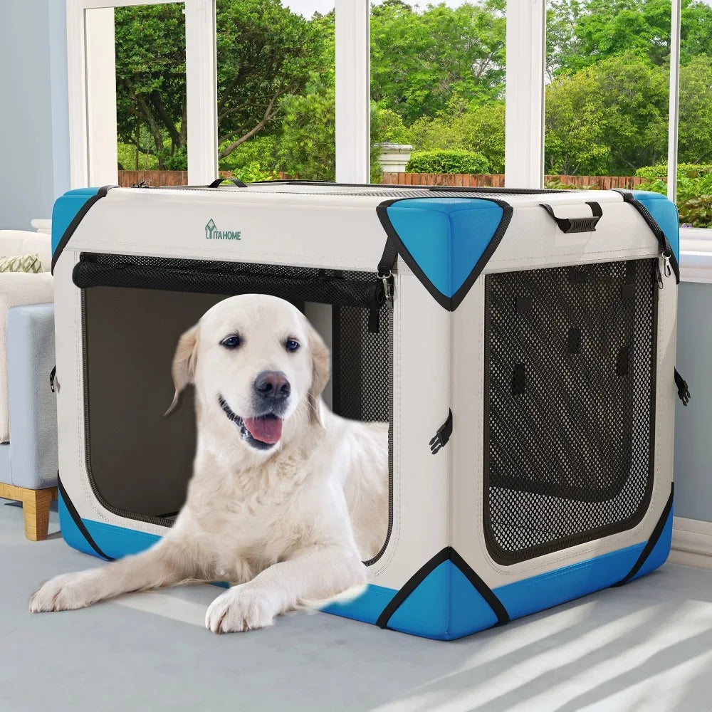 Portable Dog Travel Crate Collapsible with 4 Doors and Sturdy Mesh Windows Soft Kennel for Indoor and Outdoor Use - Whisker and Waggers