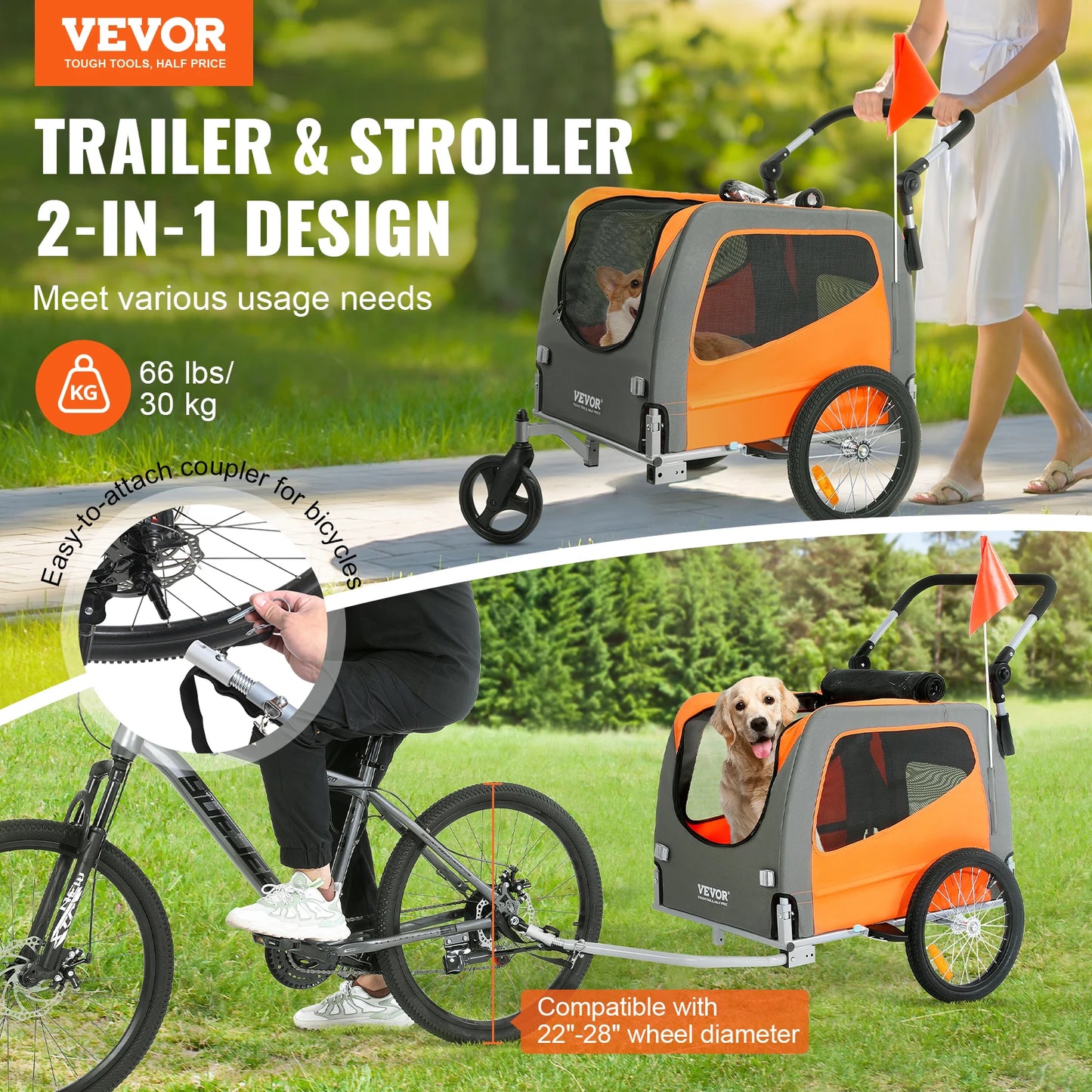 VEVOR 66lbs Dog Bike Trailer 2-in-1 Pet Stroller Folding Cart Frame Bicycle Carrier with Wheels Universal Coupler for Dogs Cats