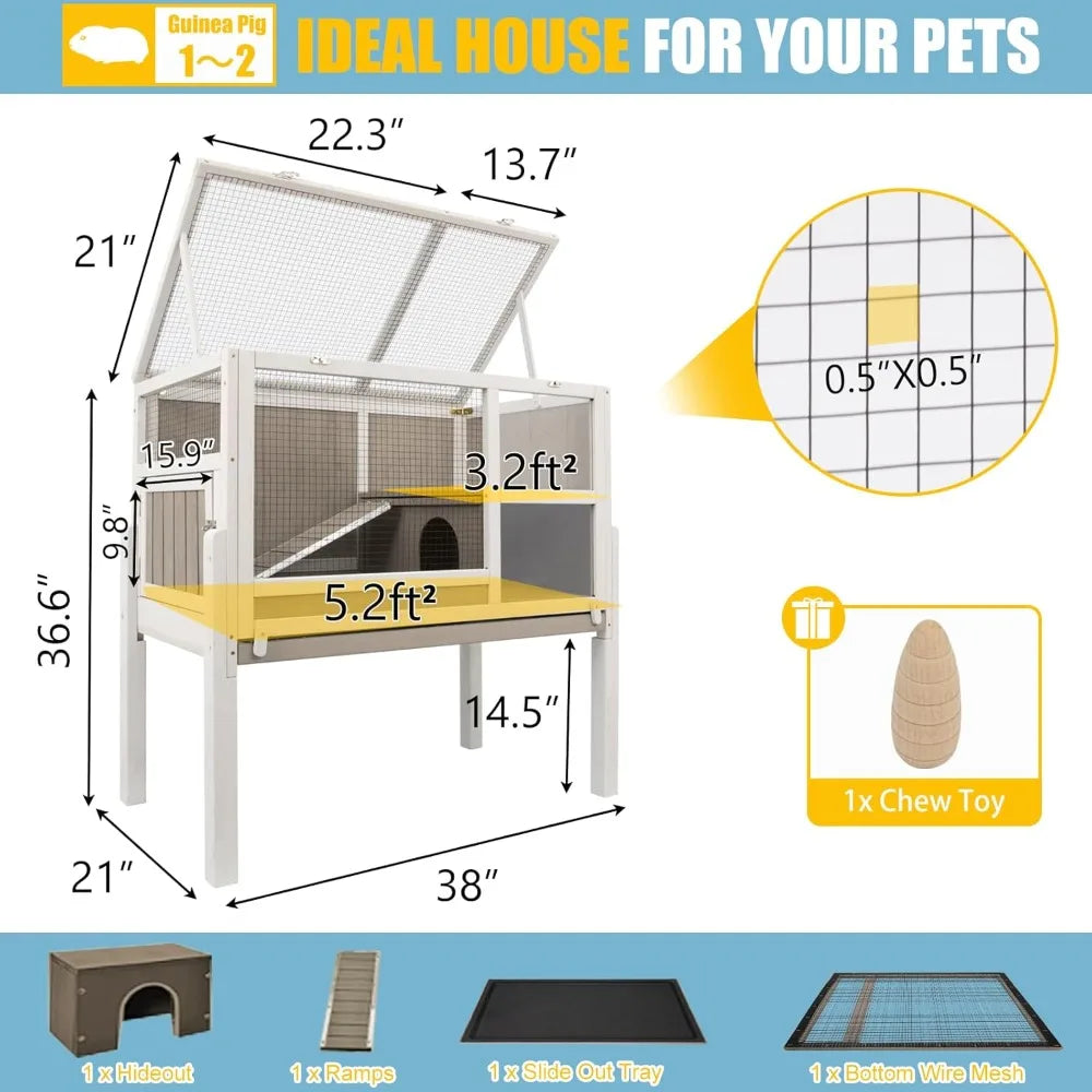 Guinea Pig Cages , Wooden Guinea Pig Cages with Stand, Rabbit Cage Hutch with Ramp and Hideout, with Not Leakage Pull Out Tray