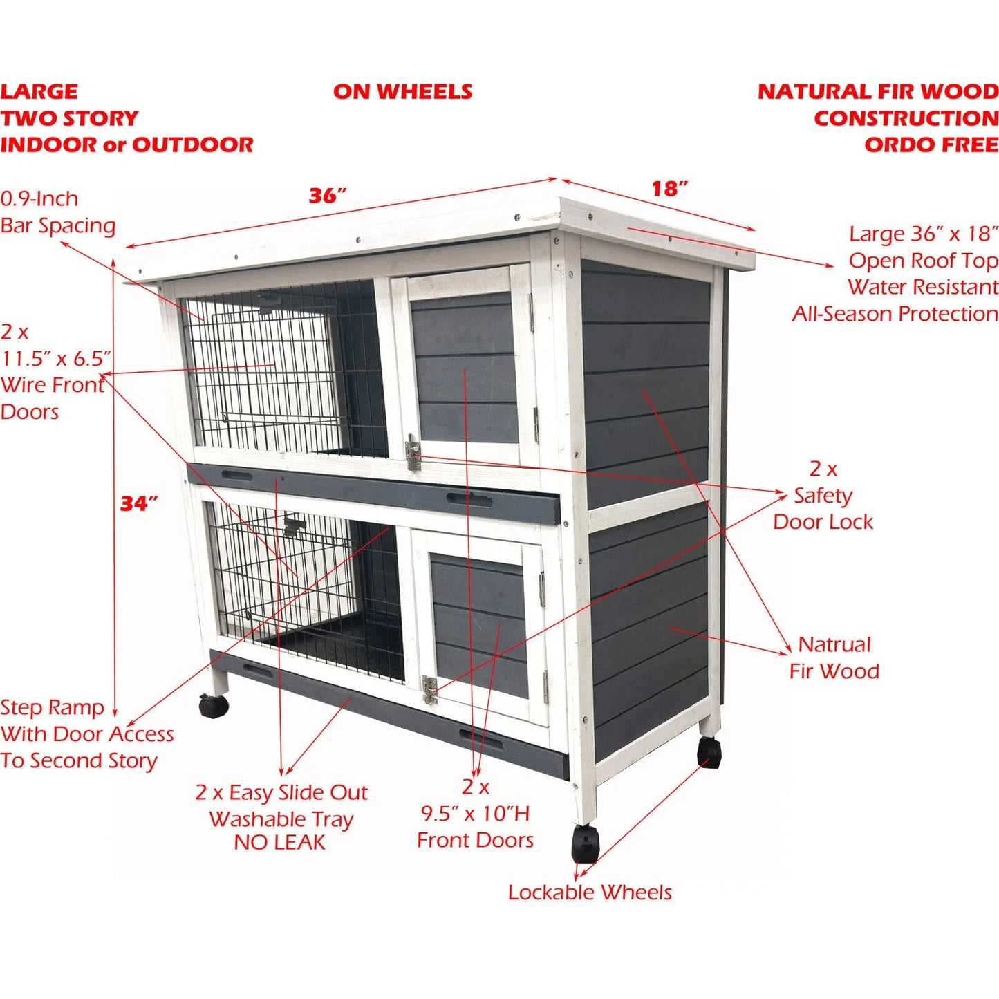 US Large Two Level Rabbit Hutch Guinea Pig Cat Home Chicken Hen Duck Coop On Wheels