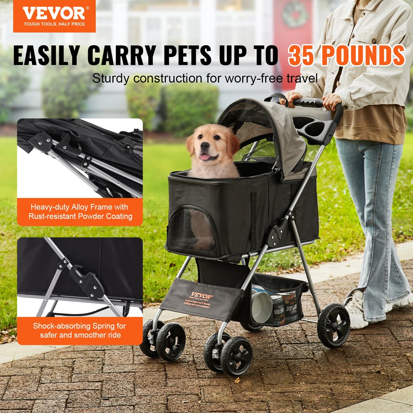 VEVOR 35lbs 4 Wheels Pet Dog Stroller with Brakes Storage Basket Cup Holder Puppy Stroller for Cats Travel