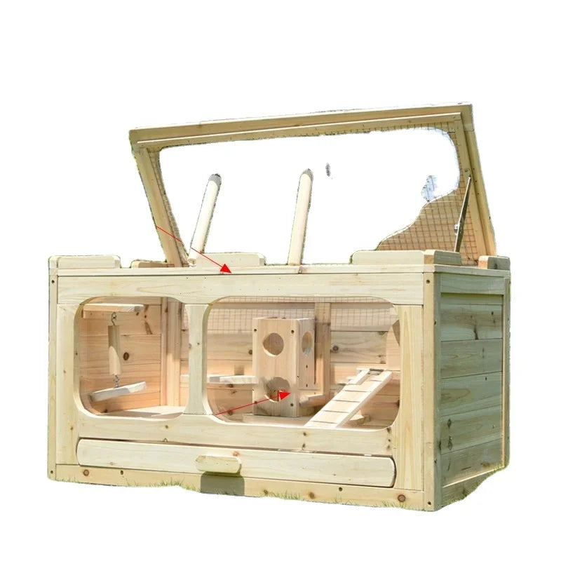 Hamster Cage Safe and Locked Natural Solid Wood Rabbit Hutches Small Animal Cage House