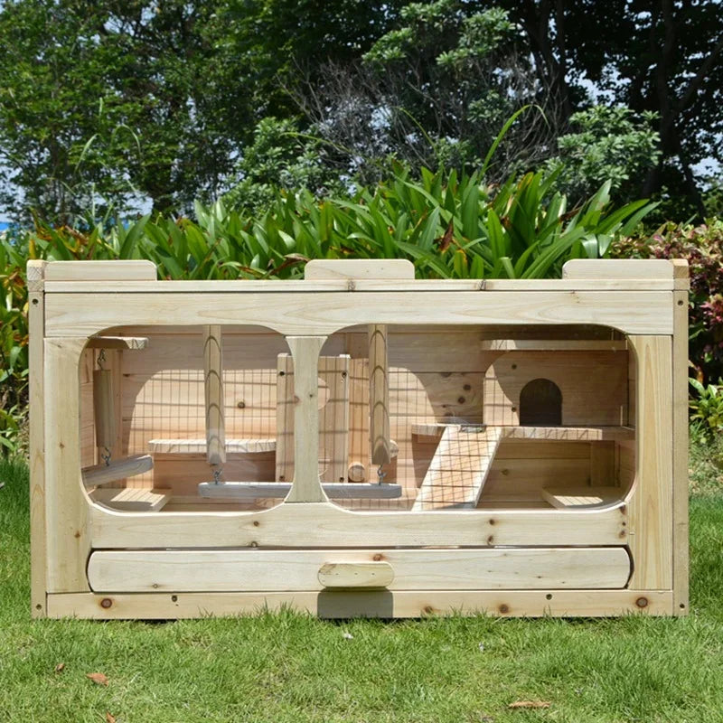 Hamster Cage Safe and Locked Natural Solid Wood Rabbit Hutches Small Animal Cage House