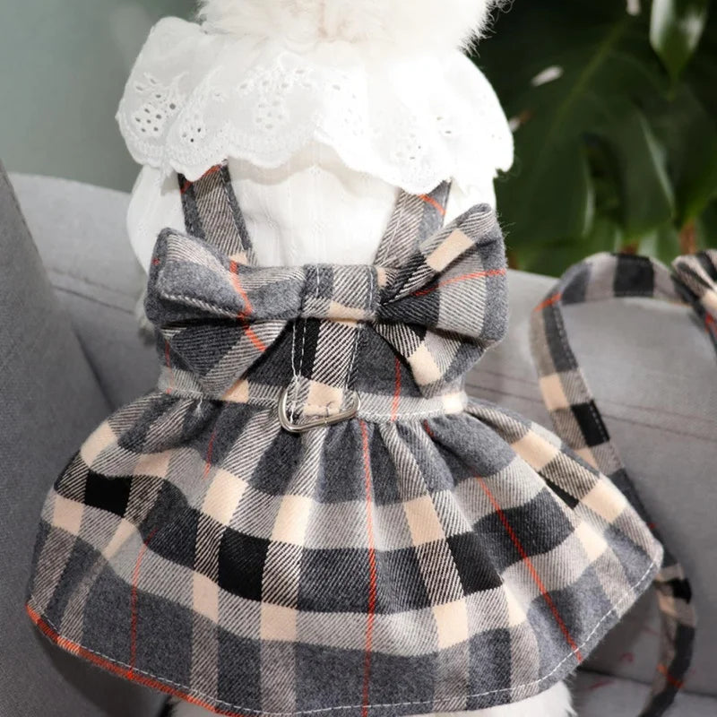 Dog Clothes Dog Dress Plaid Skirt With Big Bowknot Pet Harness With Leash Set For Girls Small Medium Chihuahua