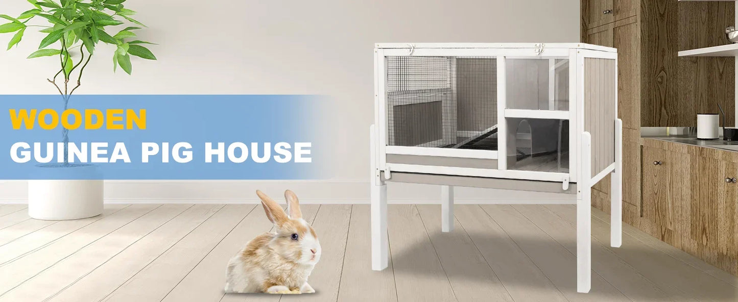 Wooden Guinea Pig Cages with Stand, Rabbit Cage Hutch with Ramp and Hideout, with Not Leakage Pull Out Tray