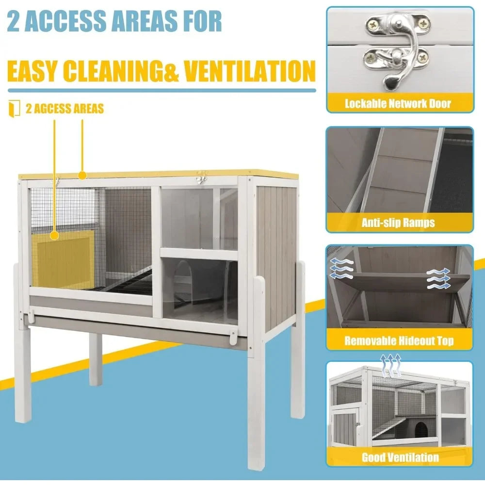 Wooden Guinea Pig Cages with Stand, Rabbit Cage Hutch with Ramp and Hideout, with Not Leakage Pull Out Tray