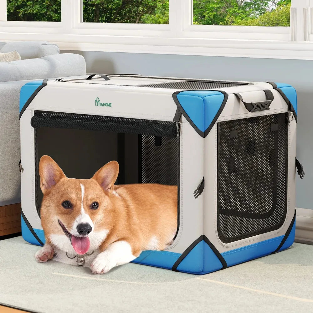 Portable Dog Travel Crate Collapsible with 4 Doors and Sturdy Mesh Windows Soft Kennel for Indoor and Outdoor Use - Whisker and Waggers