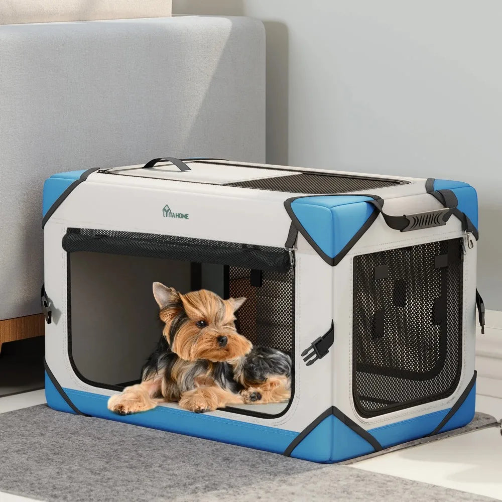 Portable Dog Travel Crate Collapsible with 4 Doors and Sturdy Mesh Windows Soft Kennel for Indoor and Outdoor Use - Whisker and Waggers