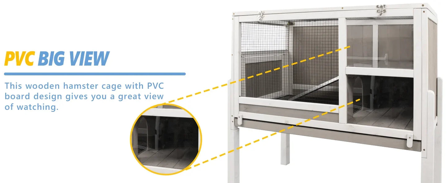 Wooden Guinea Pig Cages with Stand, Rabbit Cage Hutch with Ramp and Hideout, with Not Leakage Pull Out Tray