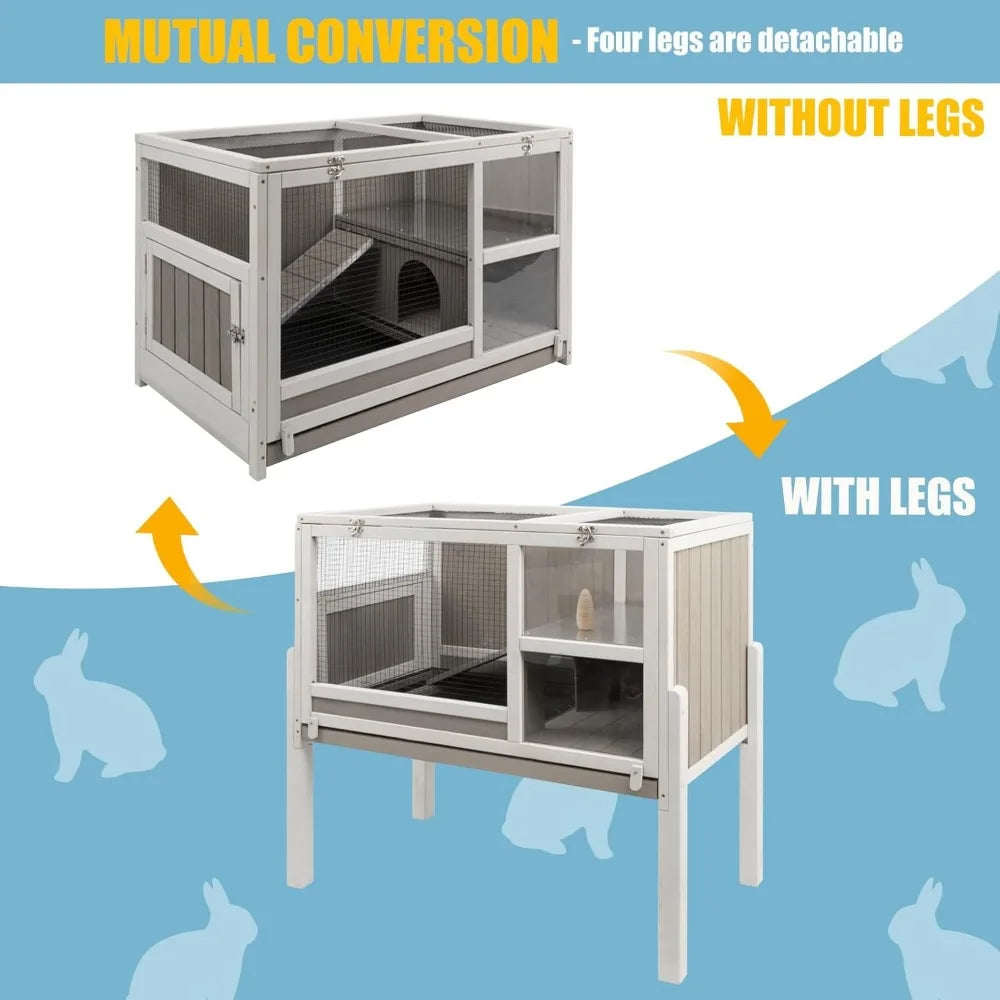 Guinea Pig Cages , Wooden Guinea Pig Cages with Stand, Rabbit Cage Hutch with Ramp and Hideout, with Not Leakage Pull Out Tray