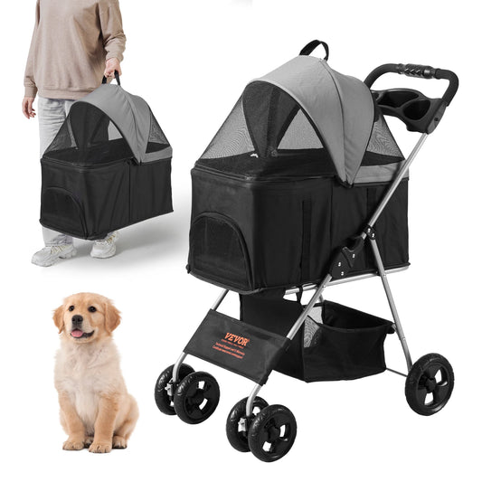 VEVOR 35lbs 4 Wheels Pet Dog Stroller with Brakes Storage Basket Cup Holder