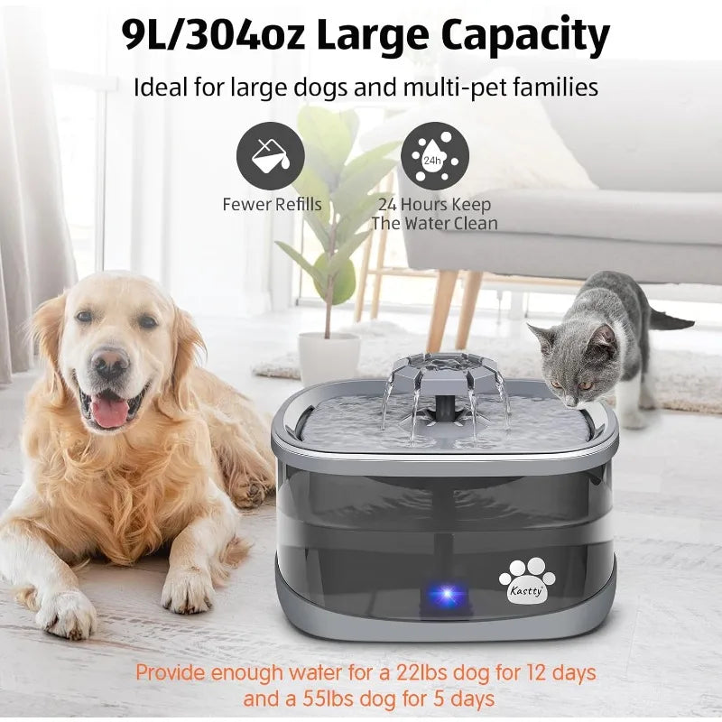 Kastty 2.5Gal/9.5L Dog Water Fountain Extra Large Pet Fountain 3 Flow Modes Cat Fountain w/Larger Filter Super Filtration